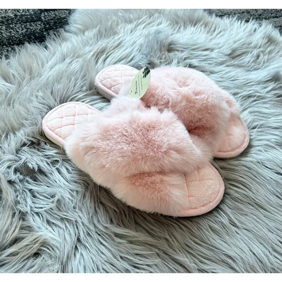 Fuzzy‎ Cross Band Fluffy Open Toe House Slippers Size 10-11.5 - Picture 5 of 8